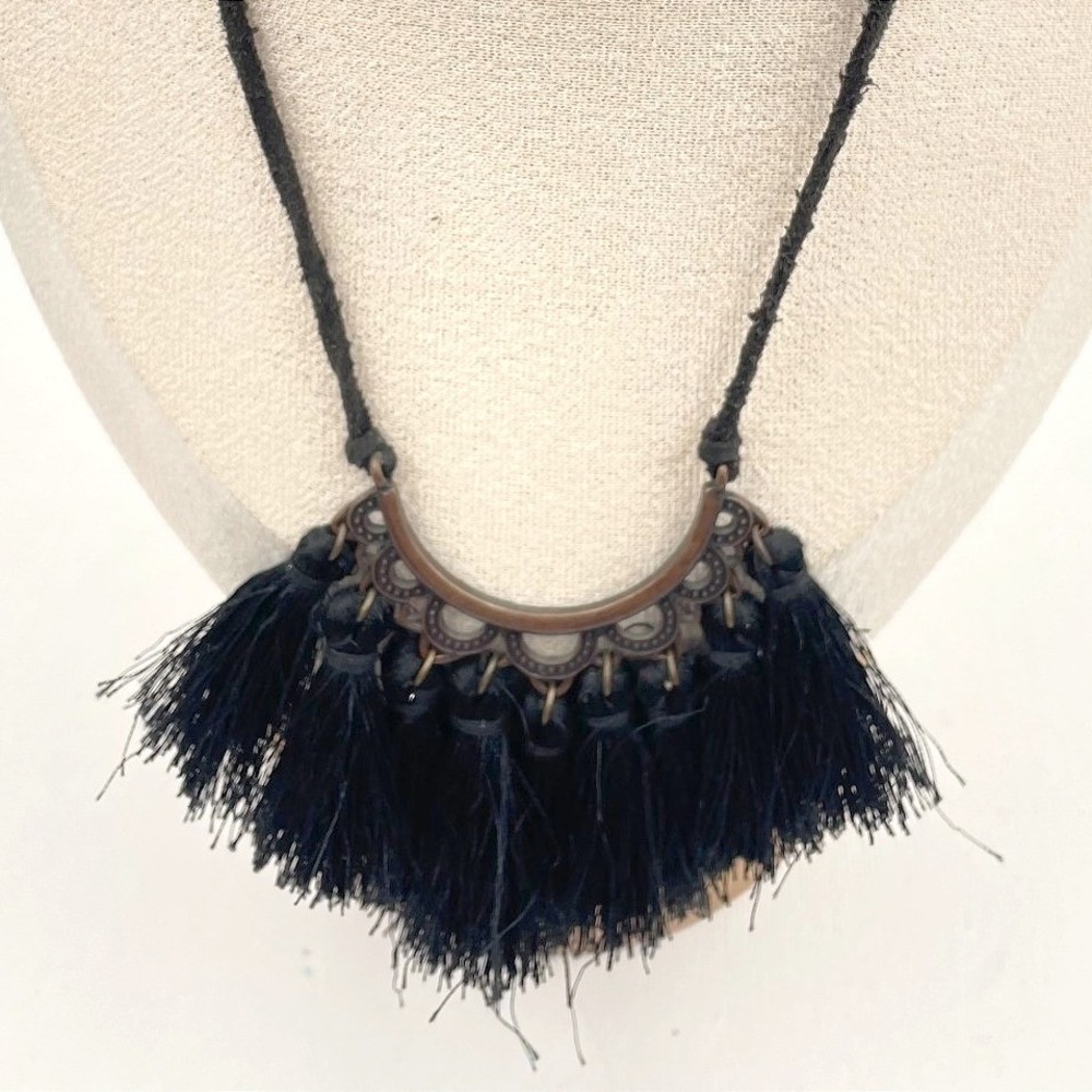 Vintage Black Tassel Bib Necklace Copper Tone Statement Fringe Cord Boho Y2K 90s